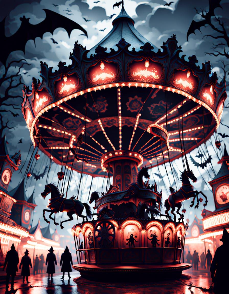 Sinister Carnival Carousel with Skeletal Horses
