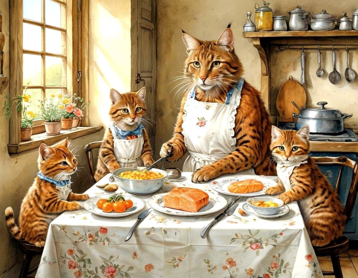Whimsical Bobcat Family Dinner in Watercolor Style