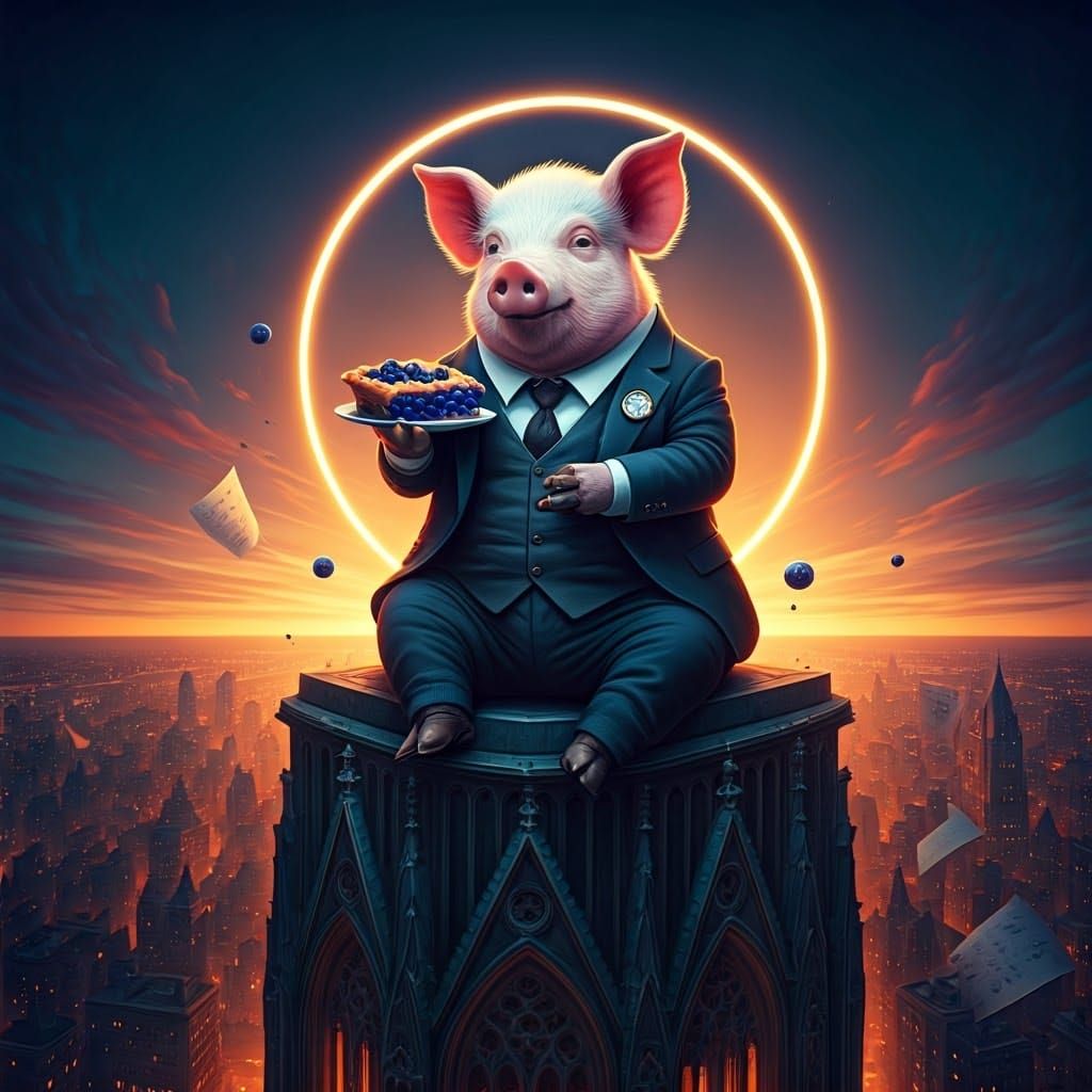 Gothic Pig in Top Hat Devours Electric Blueberry Pie on Skys...