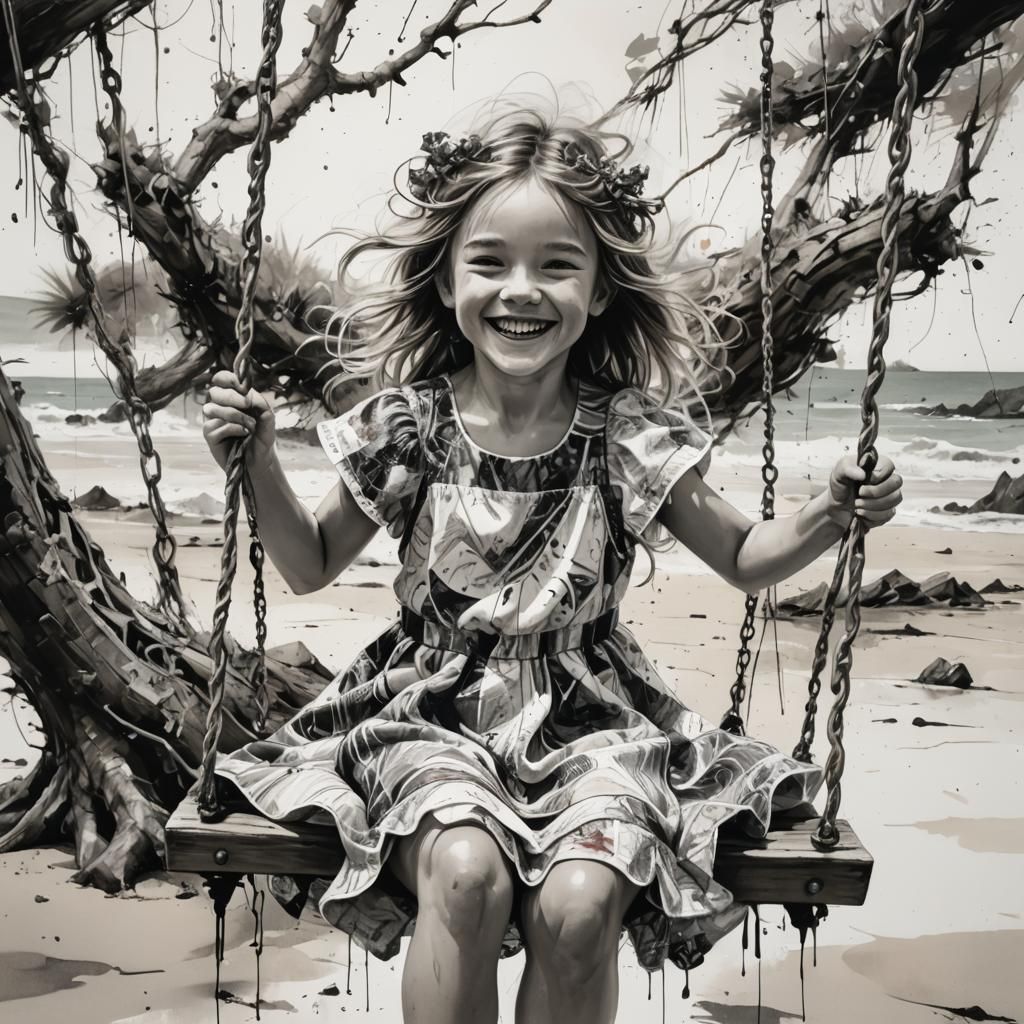 Happy Girl's Black and White Beach Portrait