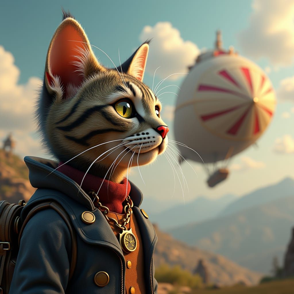Steampunk Cat Airship Landscape, Surreal Photography
