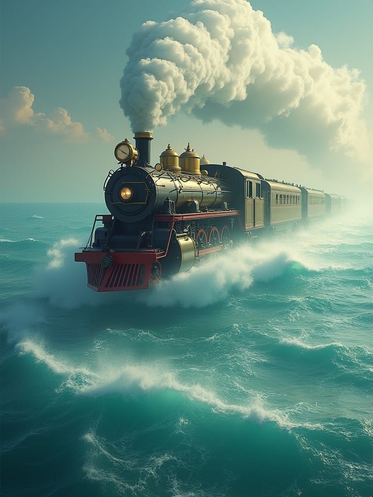 Surreal Train Glides Across a Serene Ocean Horizon