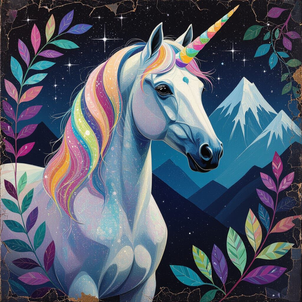 Iridescent Unicorn in Psychedelic Andean Art Style