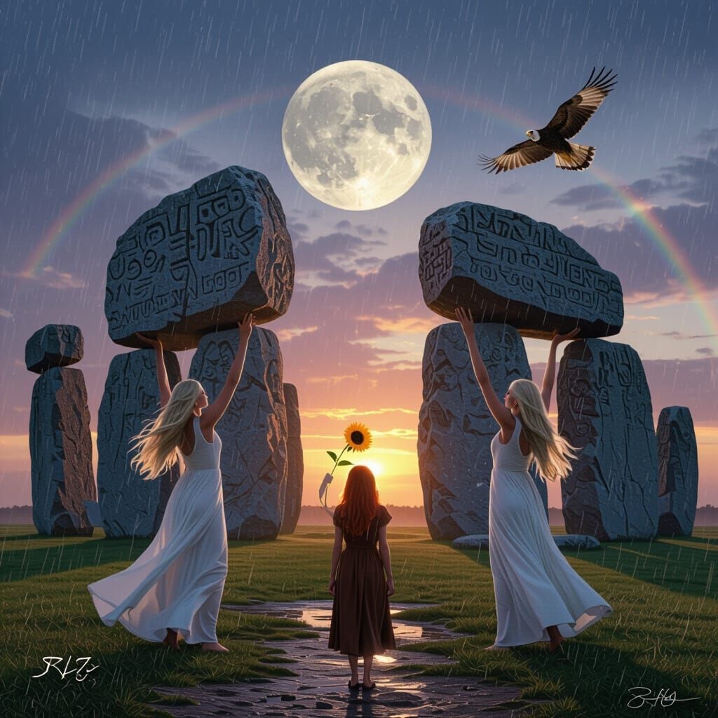 Ancient Ritual: Women Raise Stones Under Moonlit Sunset