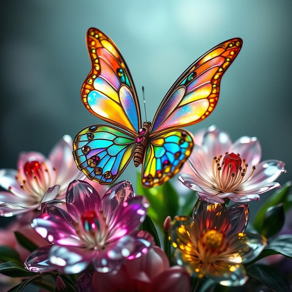 Glass Butterfly with Crystal Flowers in Digital Art Style