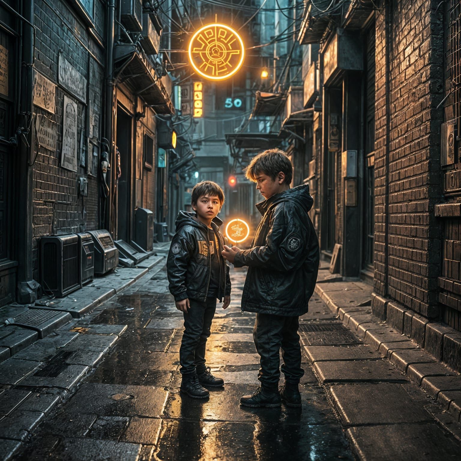 Child Holds Sun in Cyberpunk Darkness