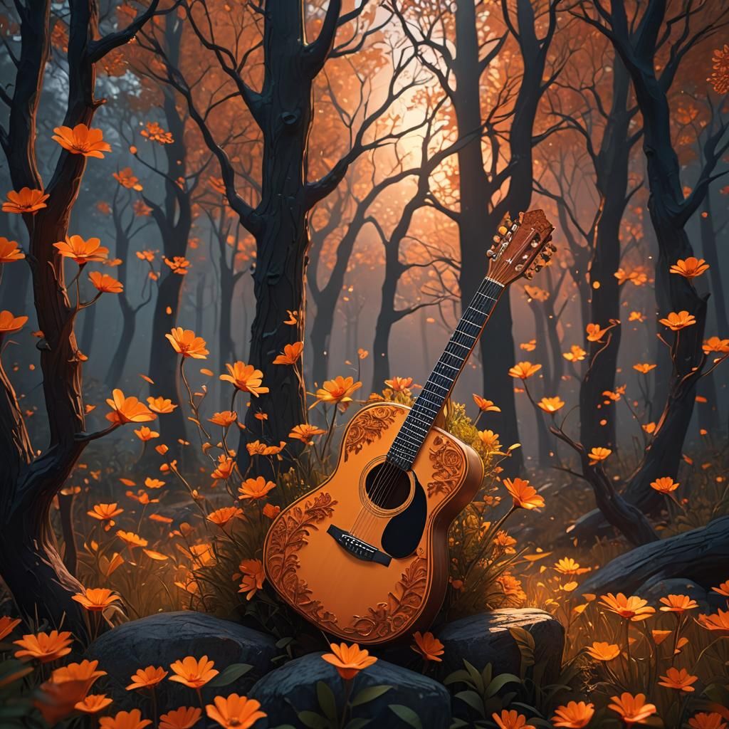 Floral Acoustic Guitar in Autumn Forest