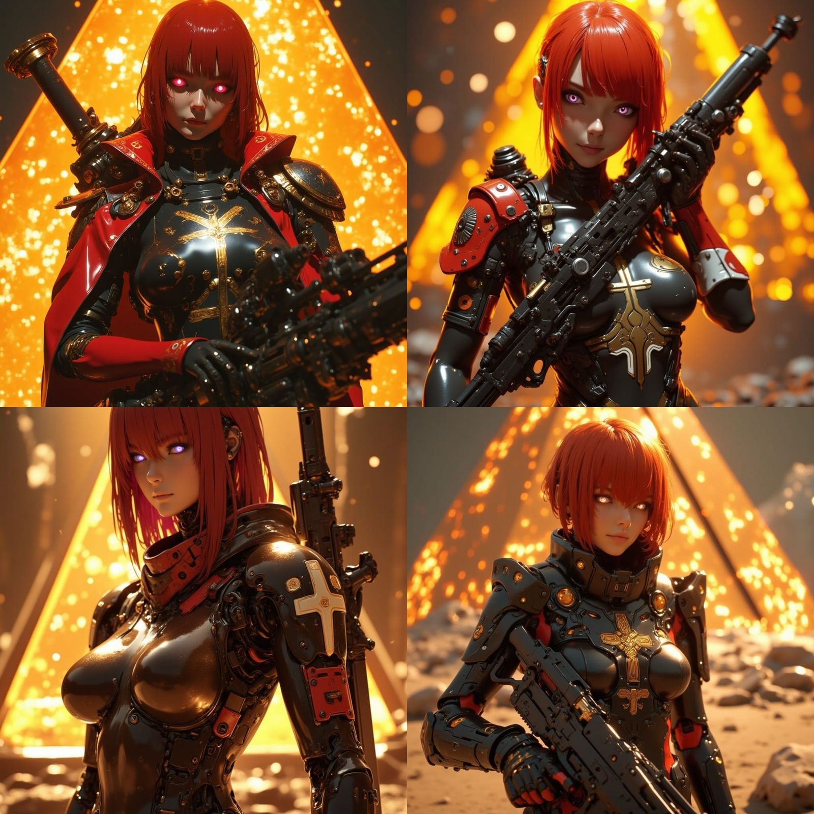 Cyberpunk Combat Nun with Sub-Machine Gun and Golden Pyramid