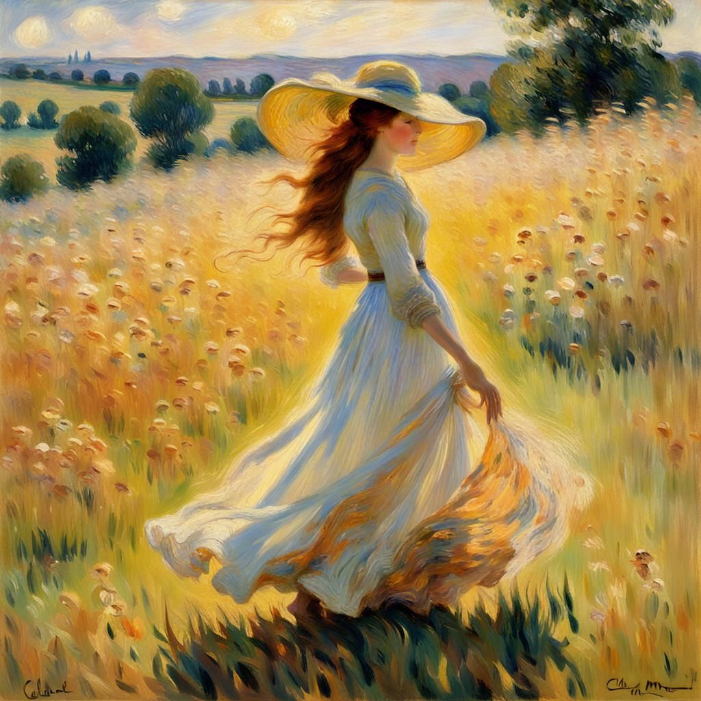 Impressionist Woman in Wind-Swept Meadow
