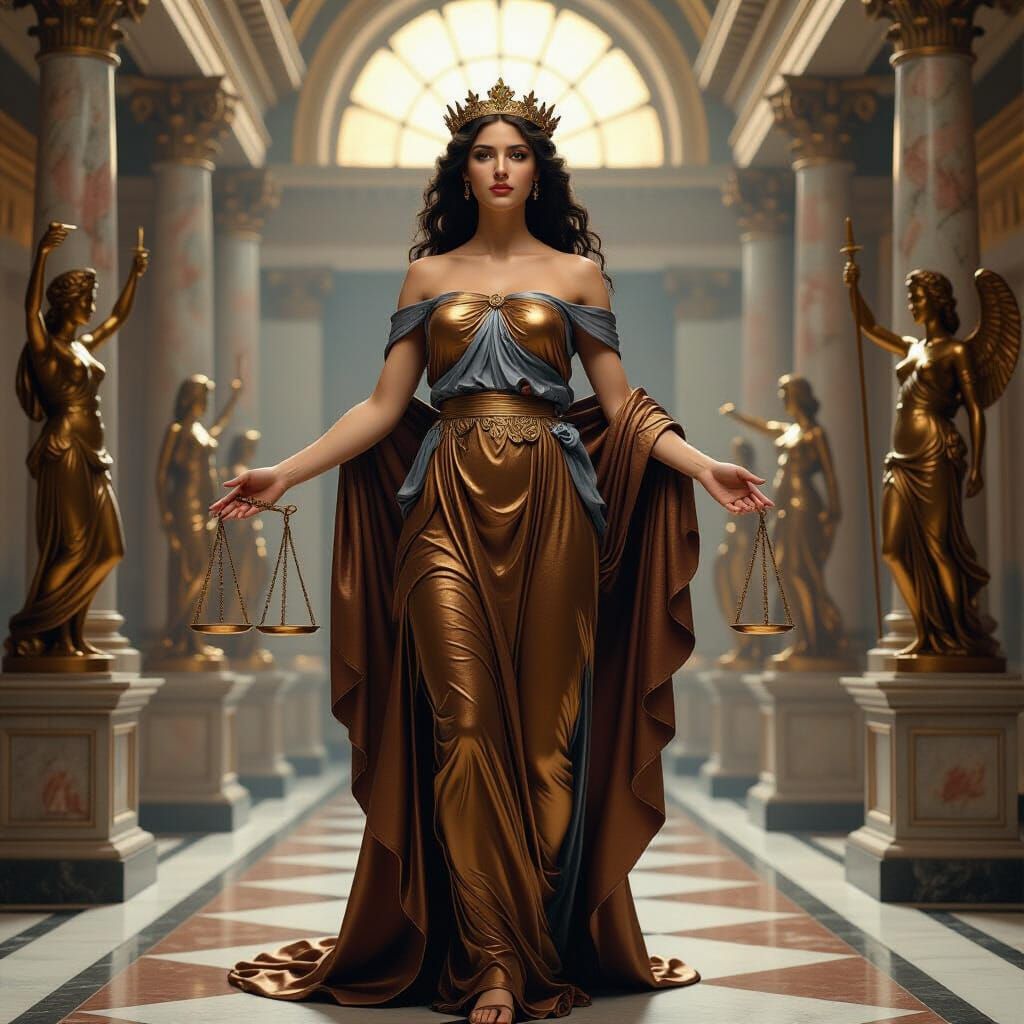 Majestic Justice Figure in Ornate Hall
