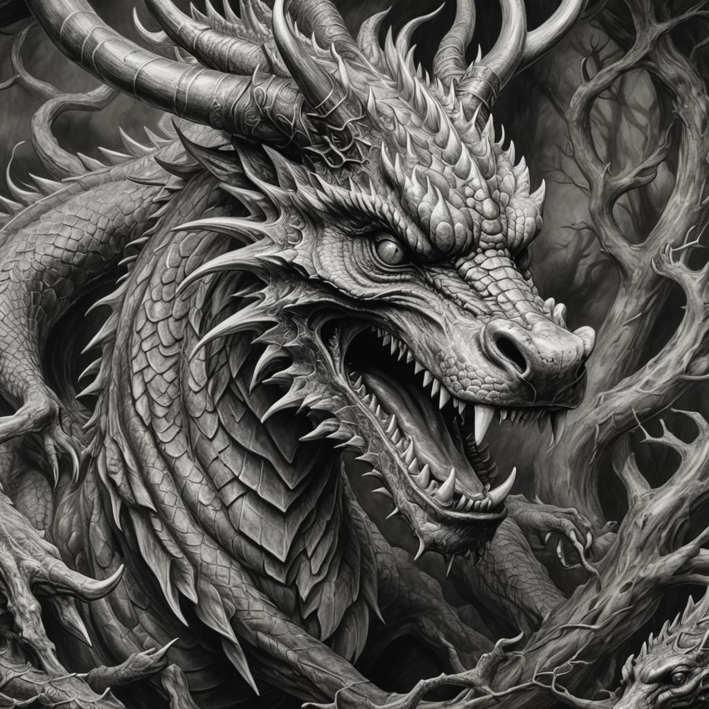 Dragon with Deer: Hyperdetailed Charcoal Drawing