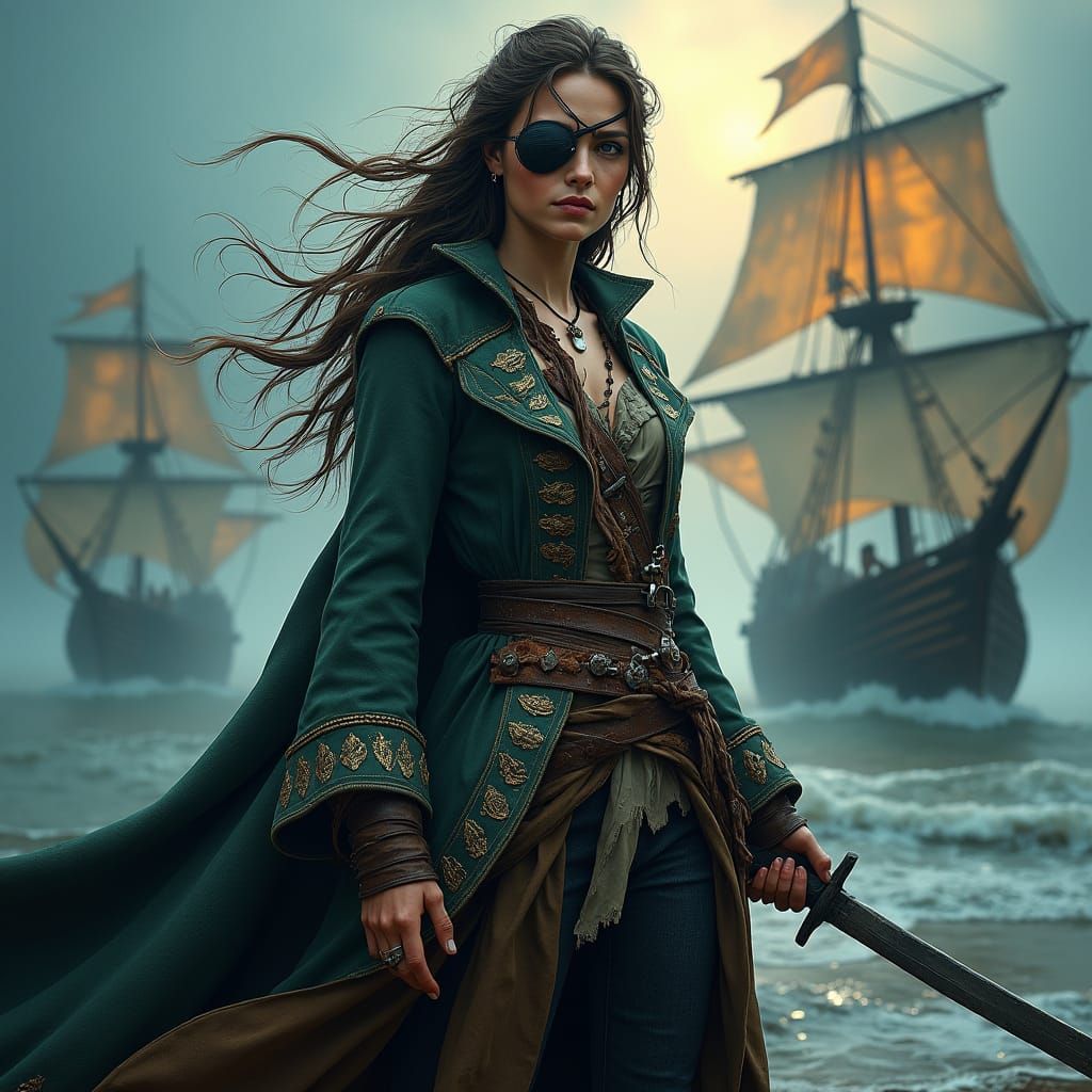 Pirate Woman with Saber in Ominous Setting