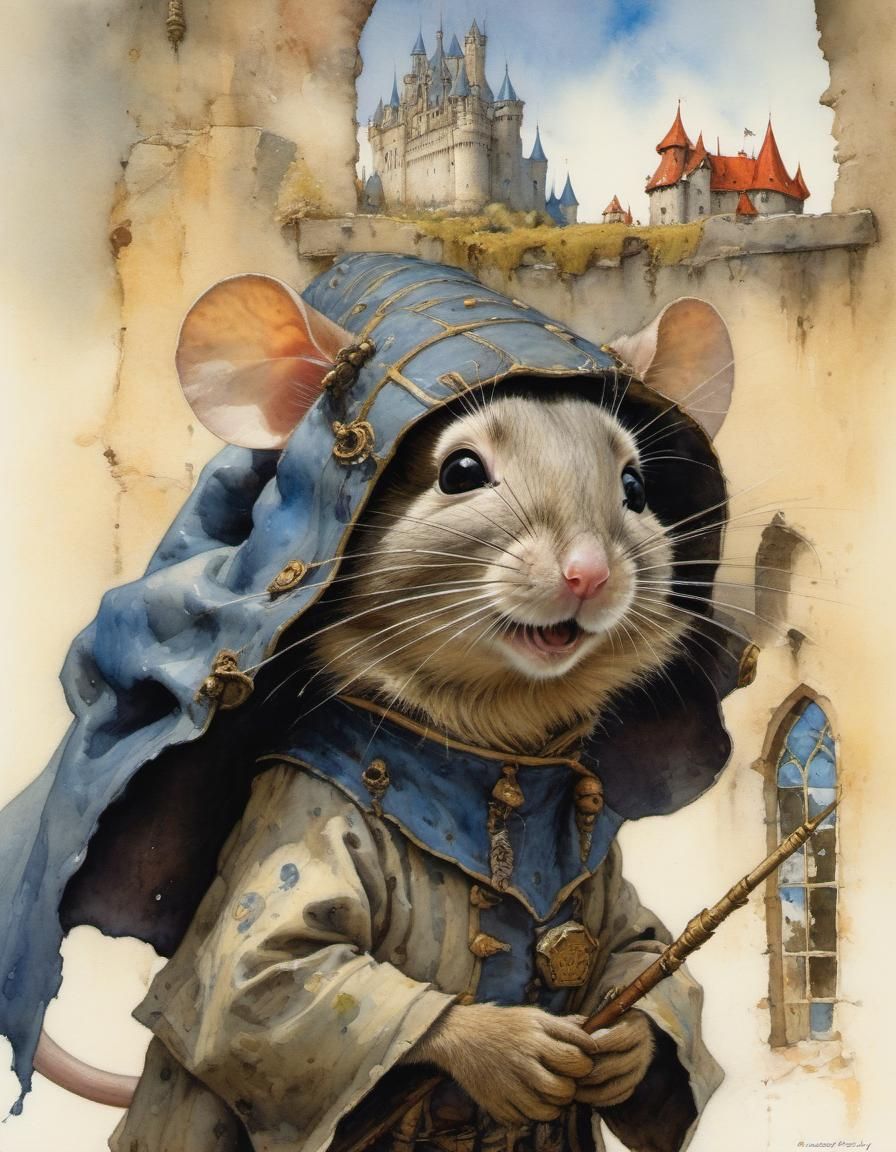 Anthropomorphic Mouse Wizard in Hut, Watercolor Style