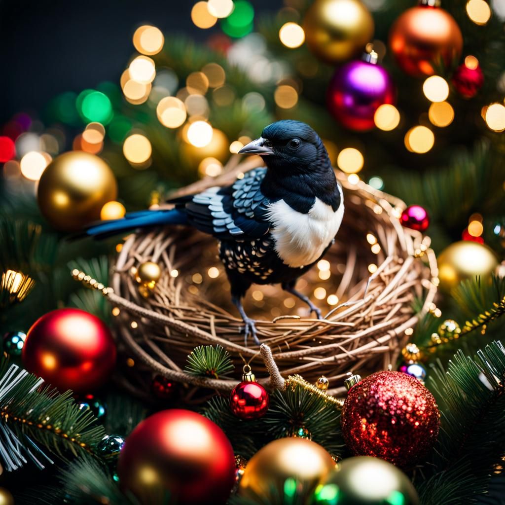Hyperrealistic Magpie Nest with Christmas Decorations