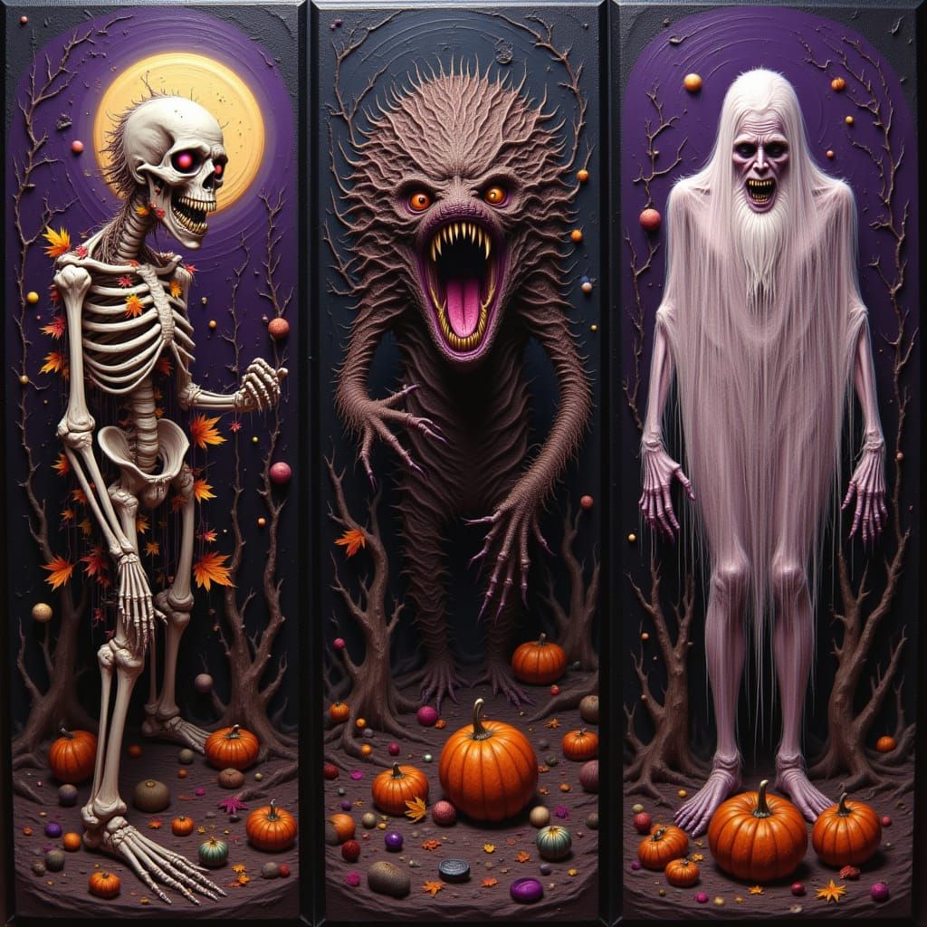 Surreal Triptych of Nightmarish Halloween Figures