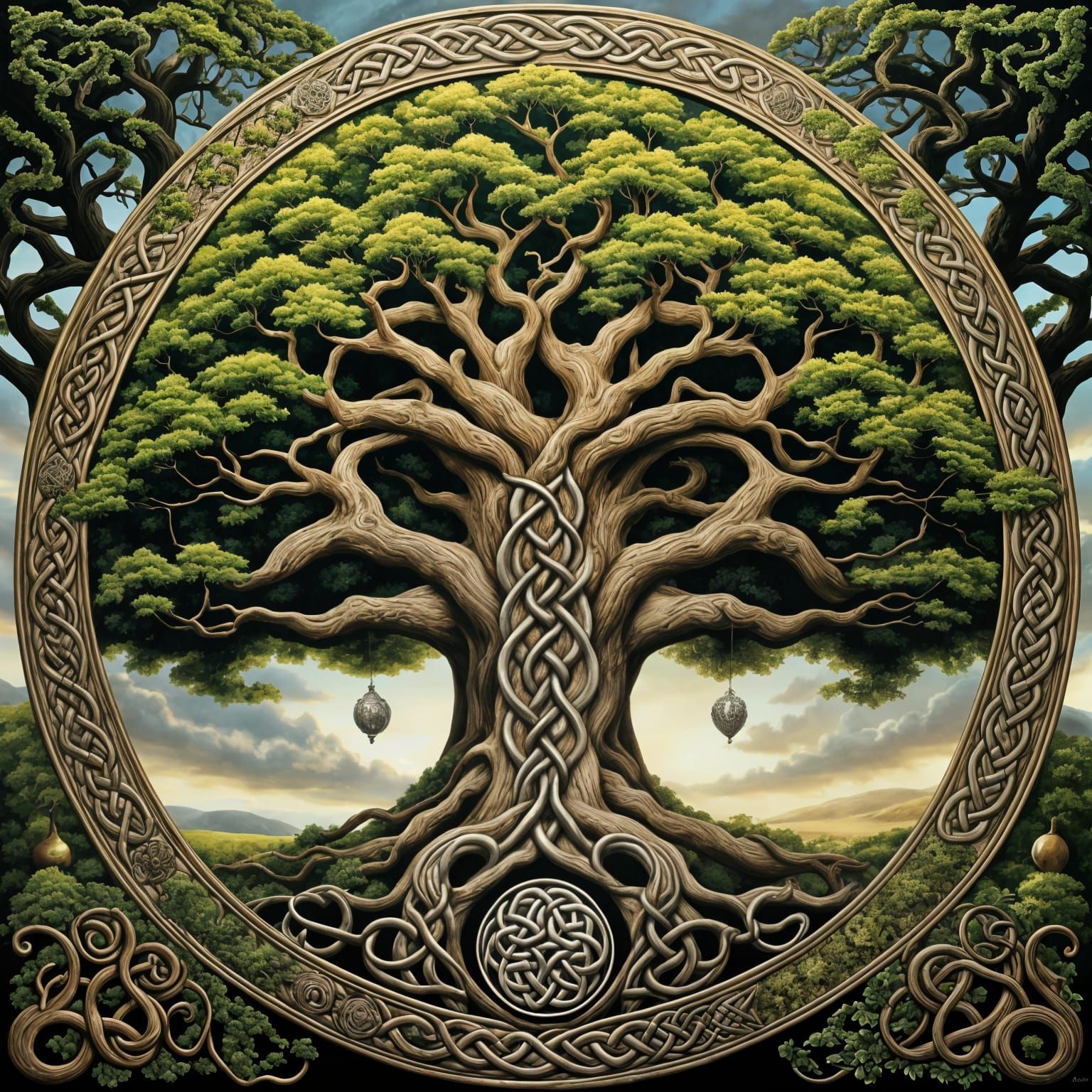 Celtic Oak Tree with Silver Pears and Runes
