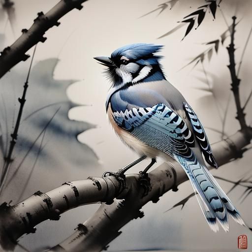 Blue Jay in Muted Chinese Ink Painting Style