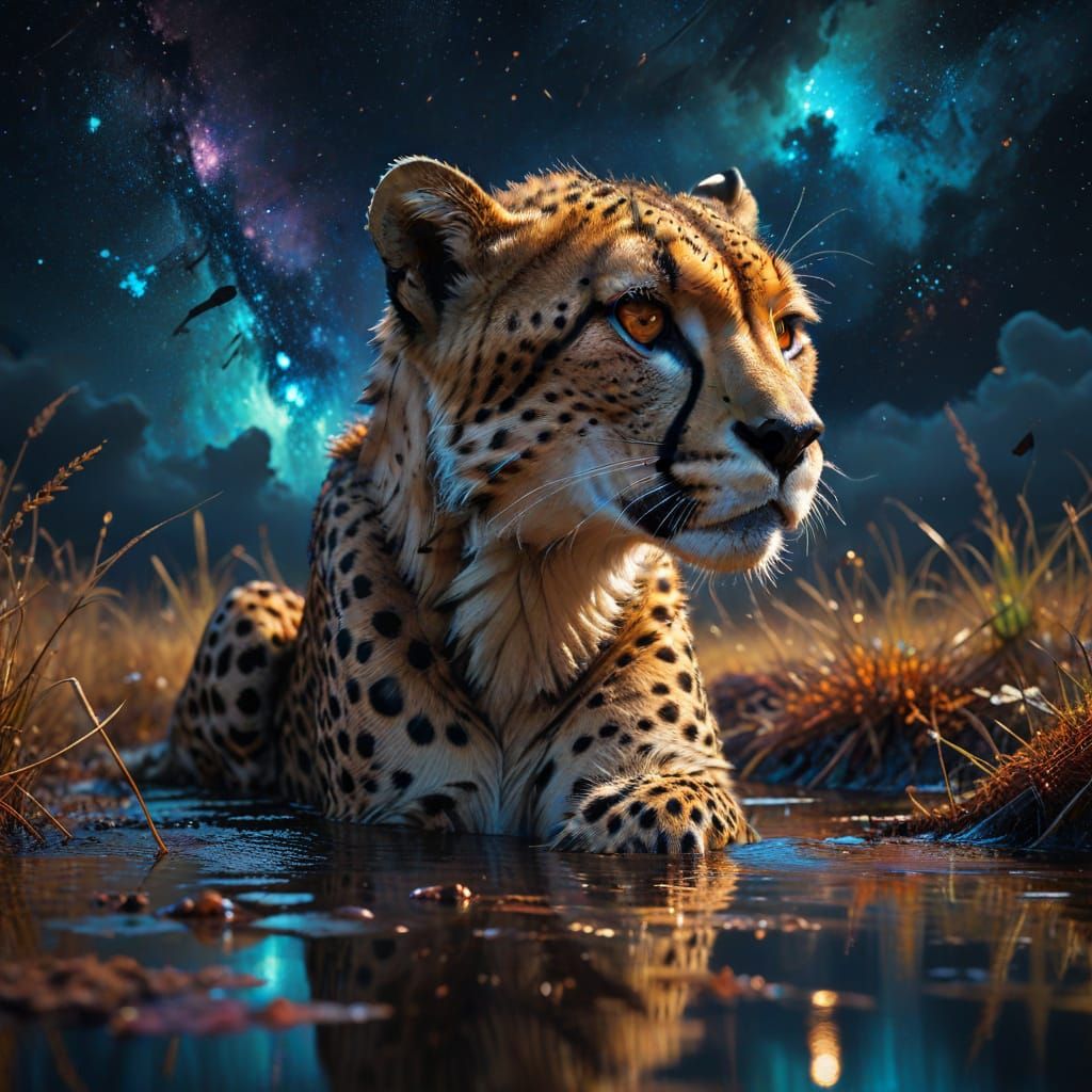 Cheetah's Ethereal Reflection in Starry Savanna