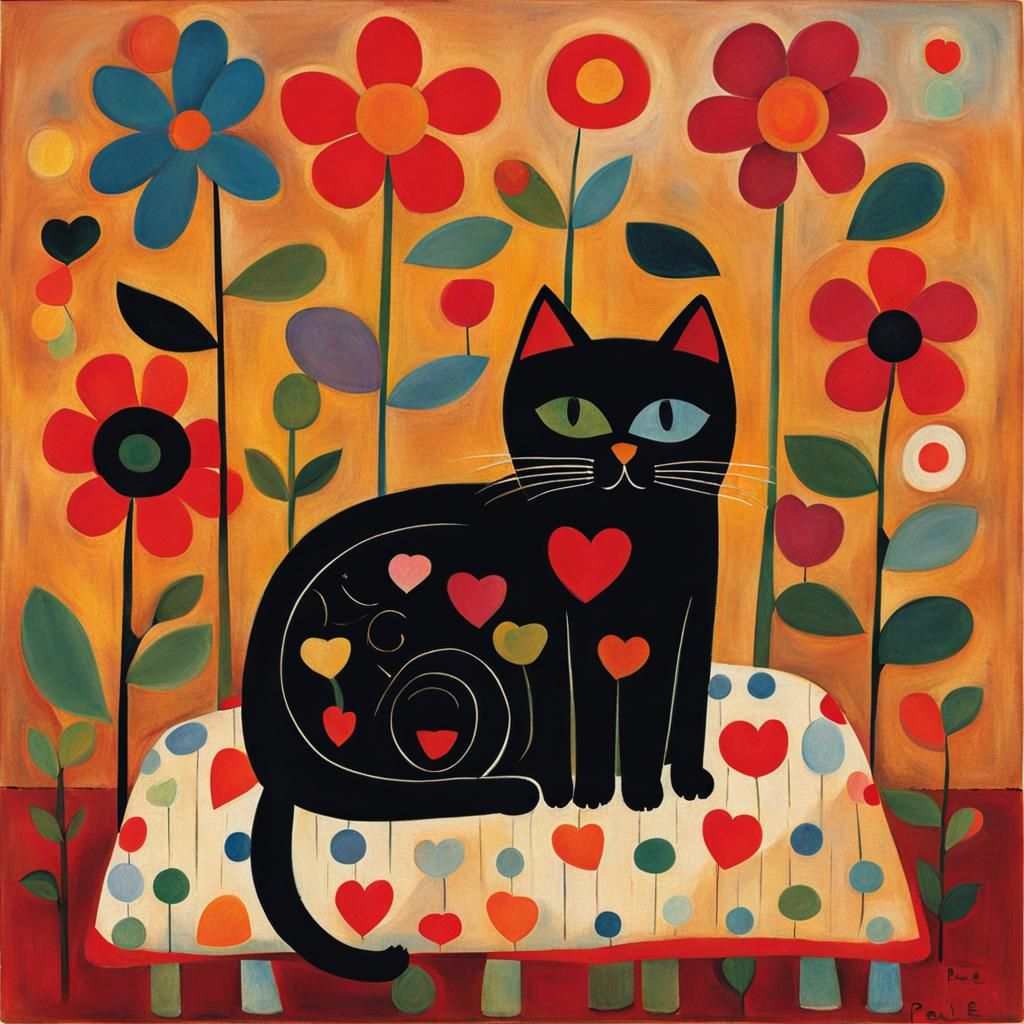 Cat on Pillow Surrounded by Flowers, Klee Style