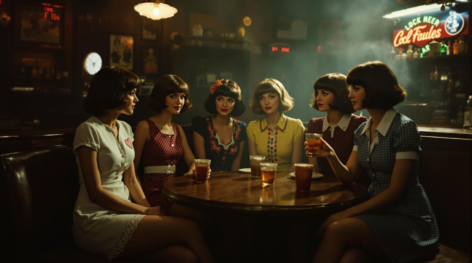 1970s Nostalgia: Women in Smoky Bar, Cinematic Film