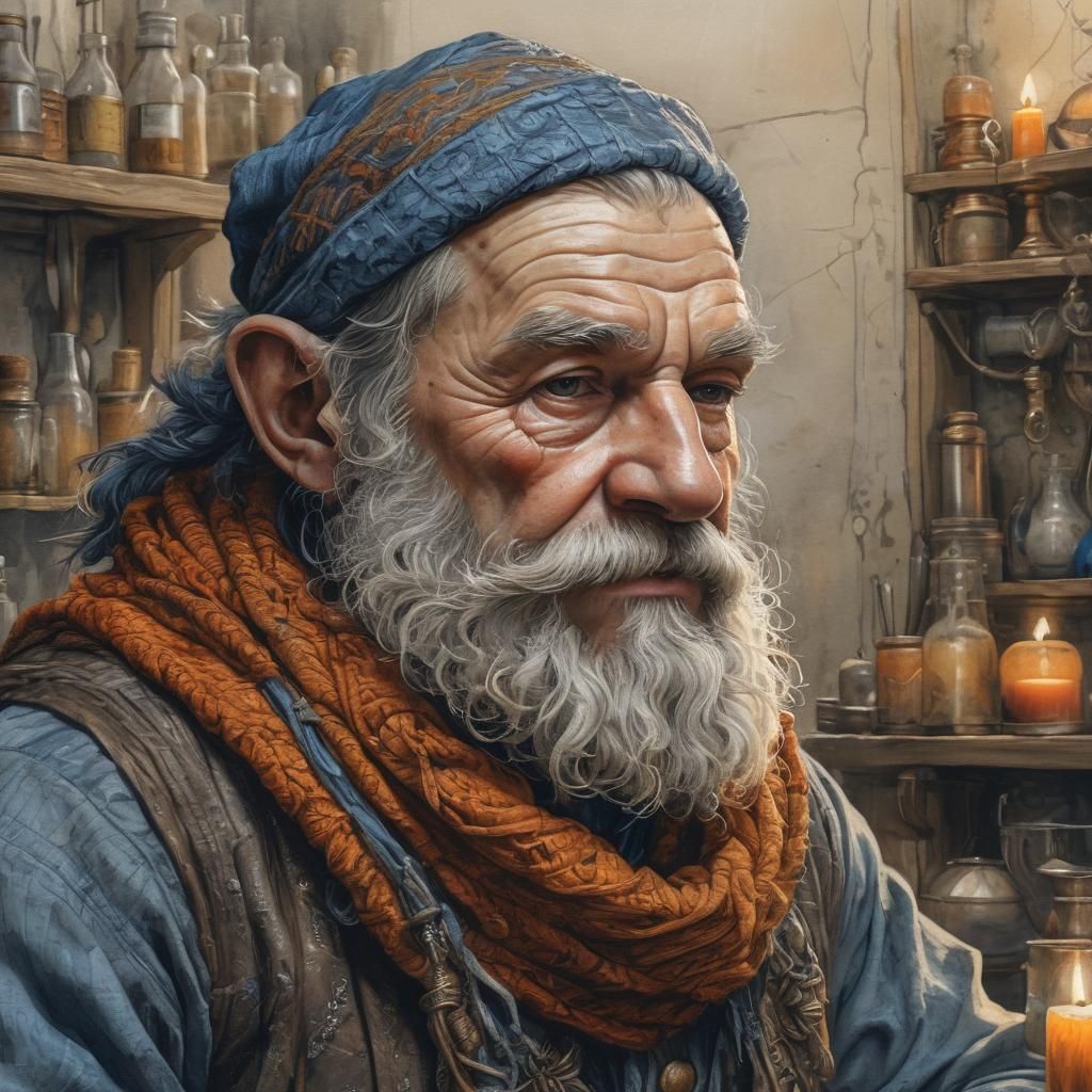 Dwarf Alchemist Portrait in Ink and Watercolor Style