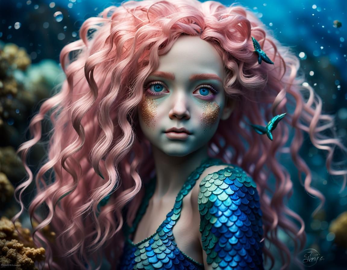 create old mermaid, light pink curly hair, blue eyes and rea...