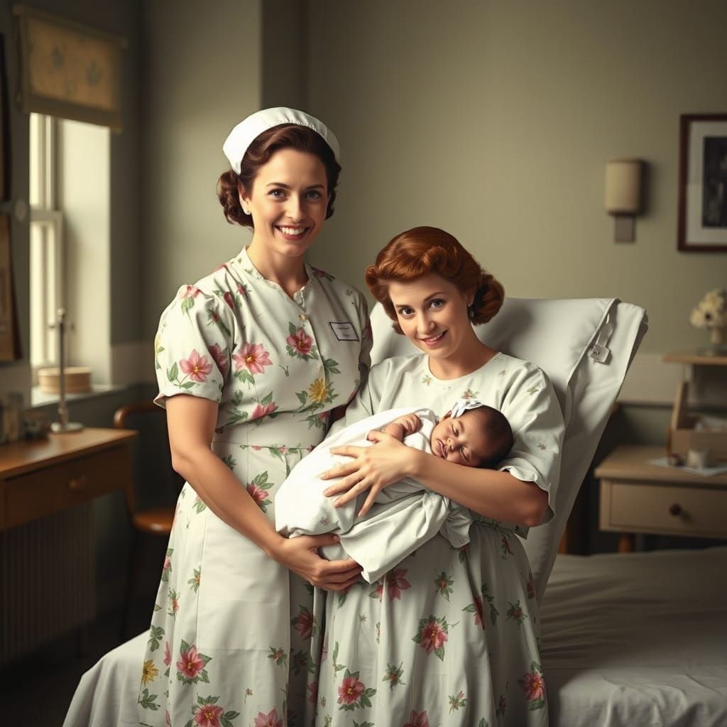 Midwife and Mother in 1950s Hospital Room