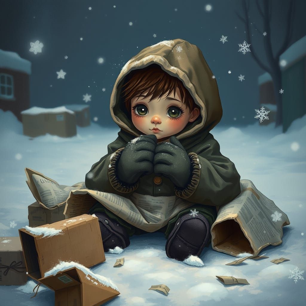 Small Child Finds Warmth in Winter Storm