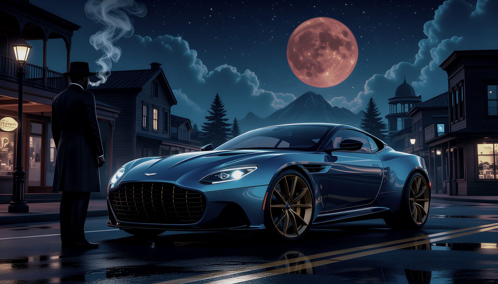 Cyberpunk Aston Martin at Night with Mysterious Man