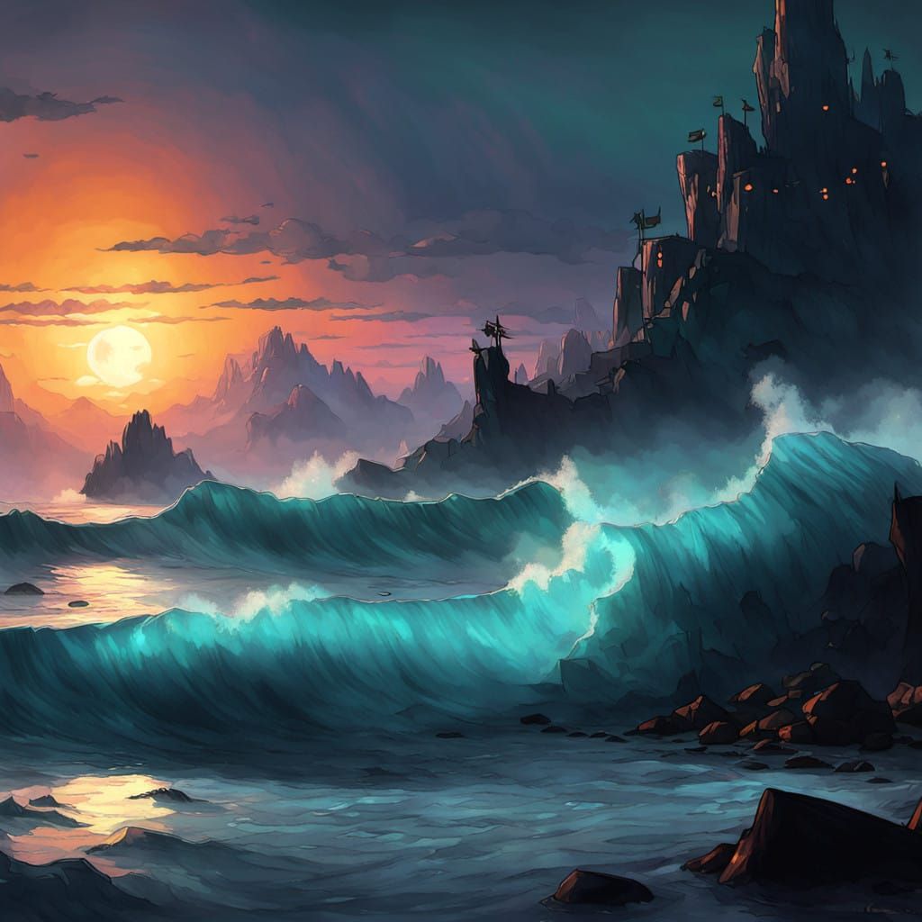 Desperate Woman Struggles in Turbulent Bioluminescent Ocean