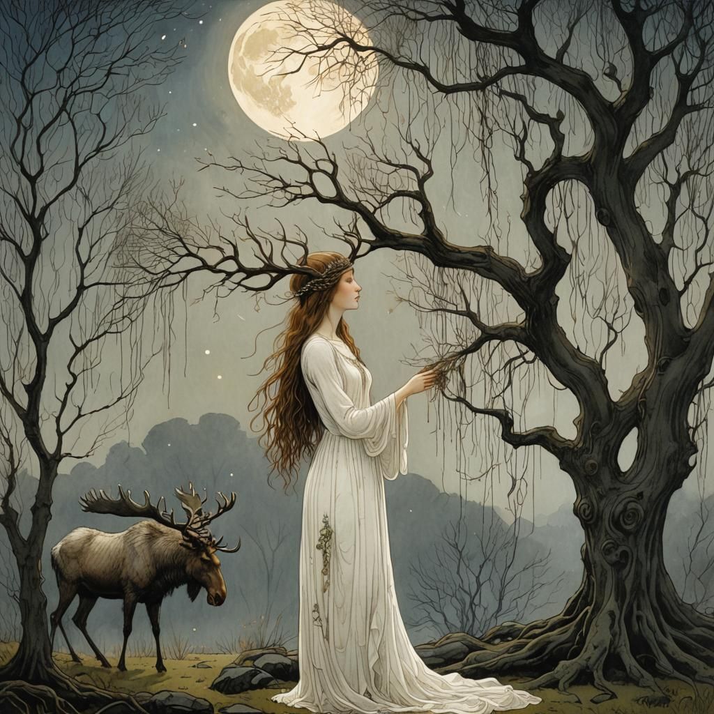 Ethereal Woman and Moose Under Willow Tree
