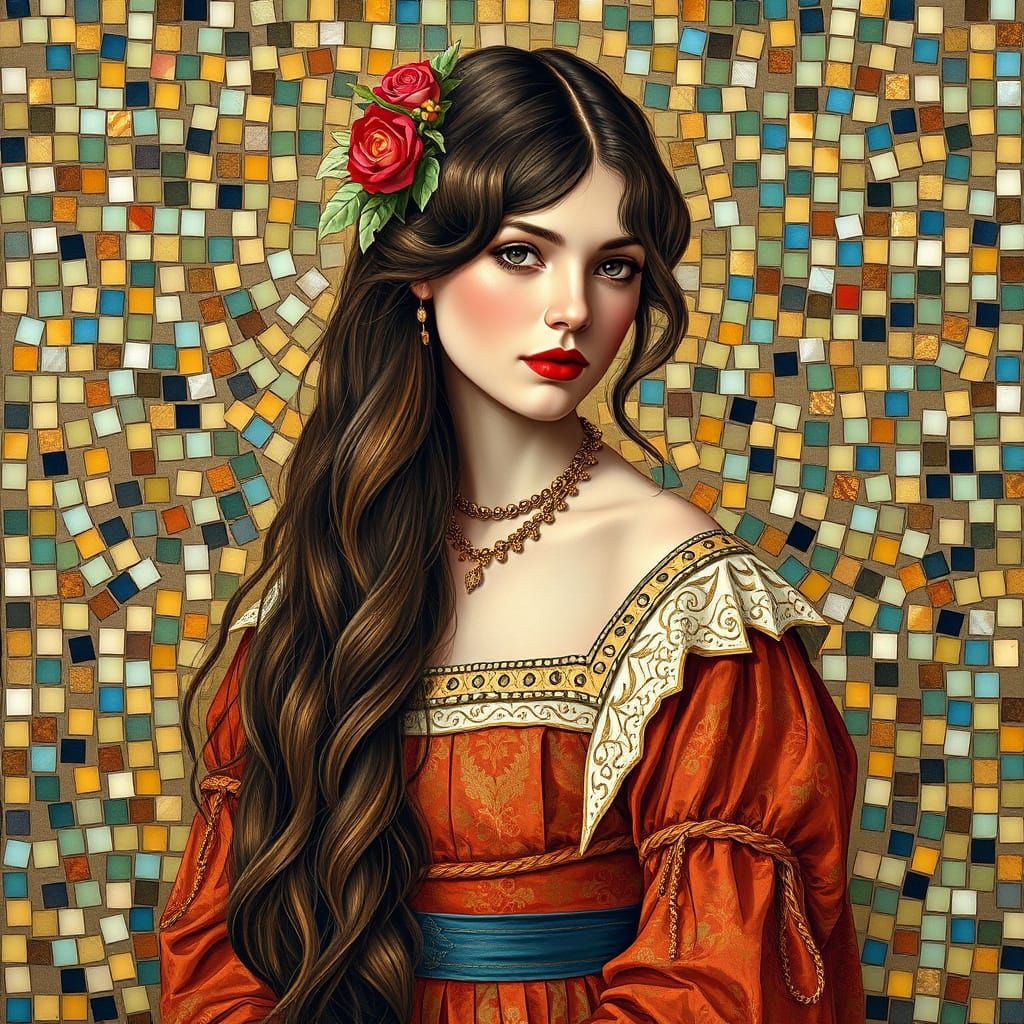 Renaissance-Style Mosaic Portrait of a Red-Haired Woman