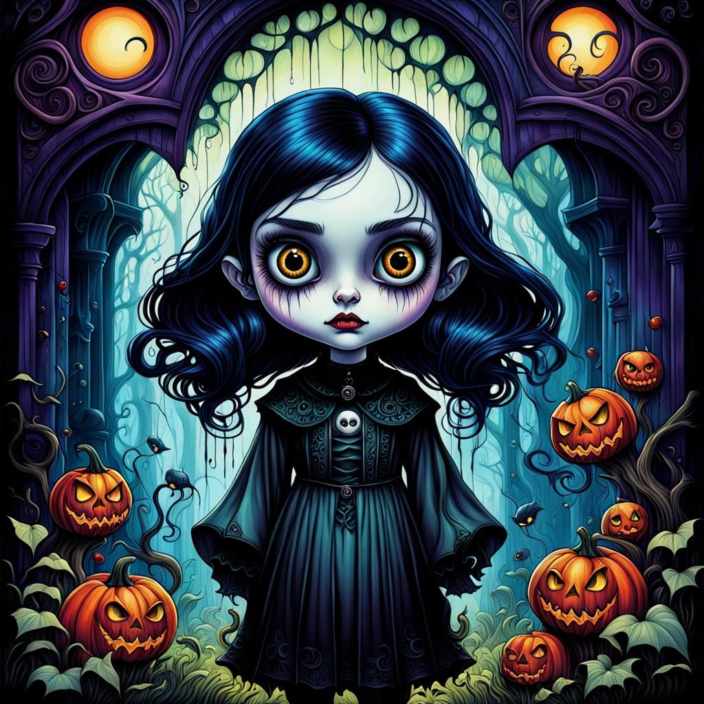 Cute Goth Girl in Haunted Art Nouveau Style