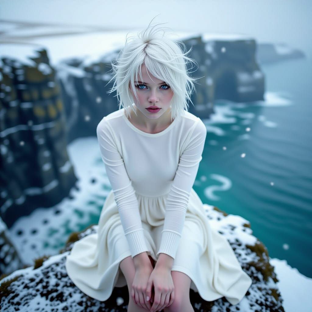 Albino Woman on Cliff Edge in Blizzard