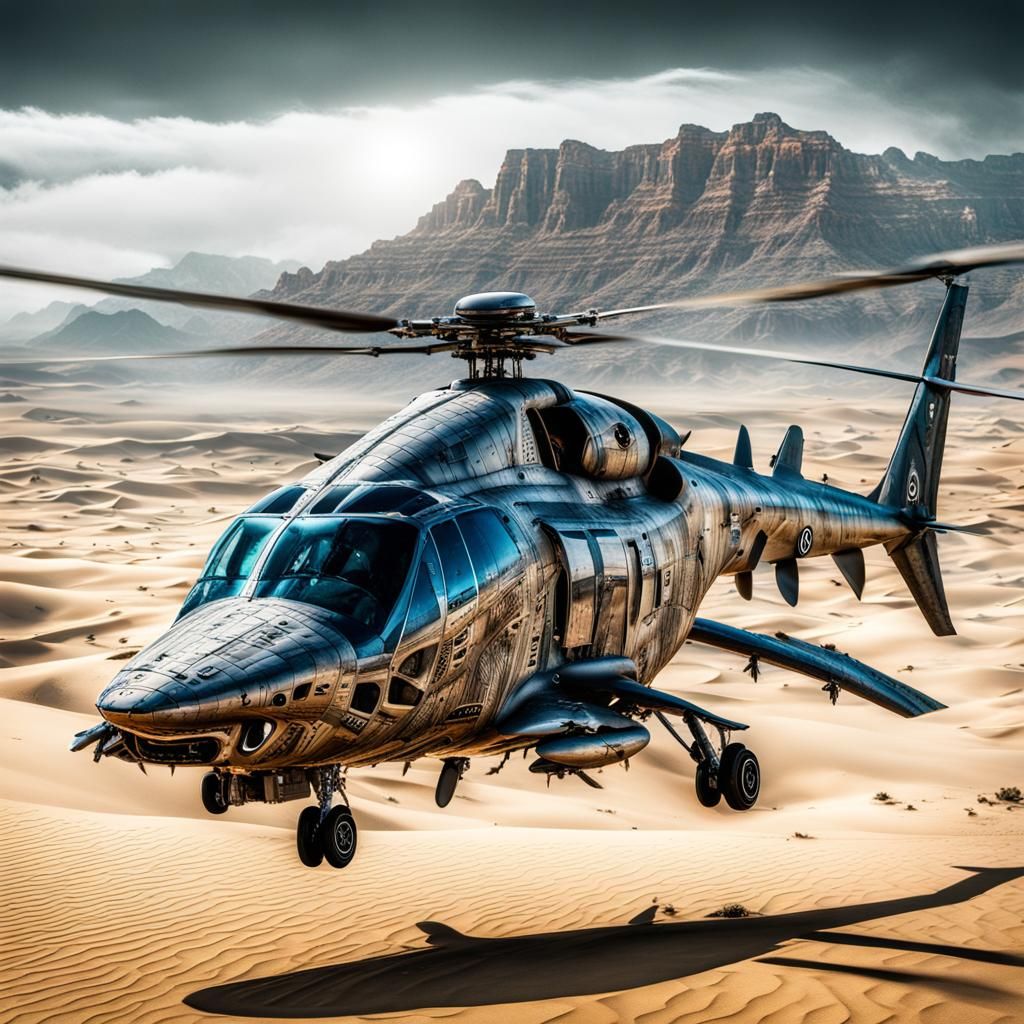 Biomechanical Shark-Helicopter Hybrid Roaming Desert in HDR