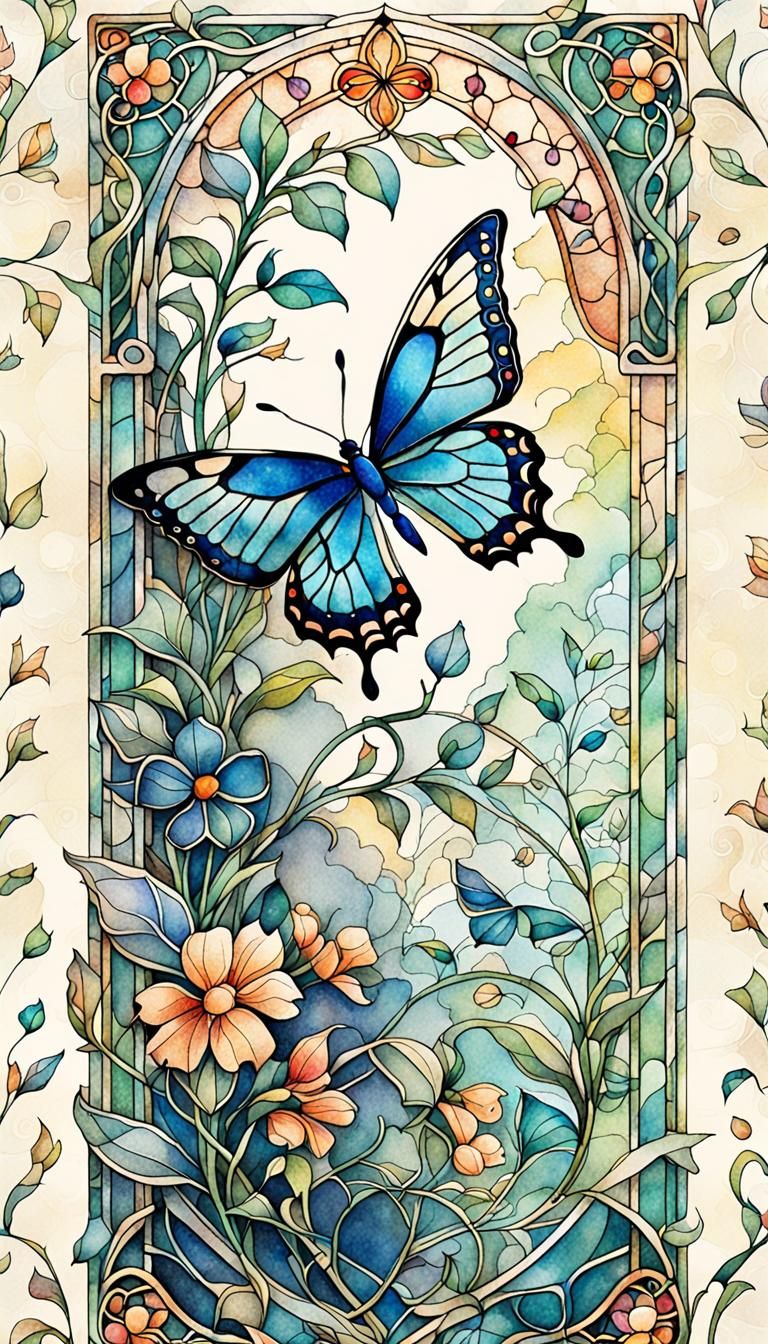 Ornate Butterfly Bookmark in Watercolor Style