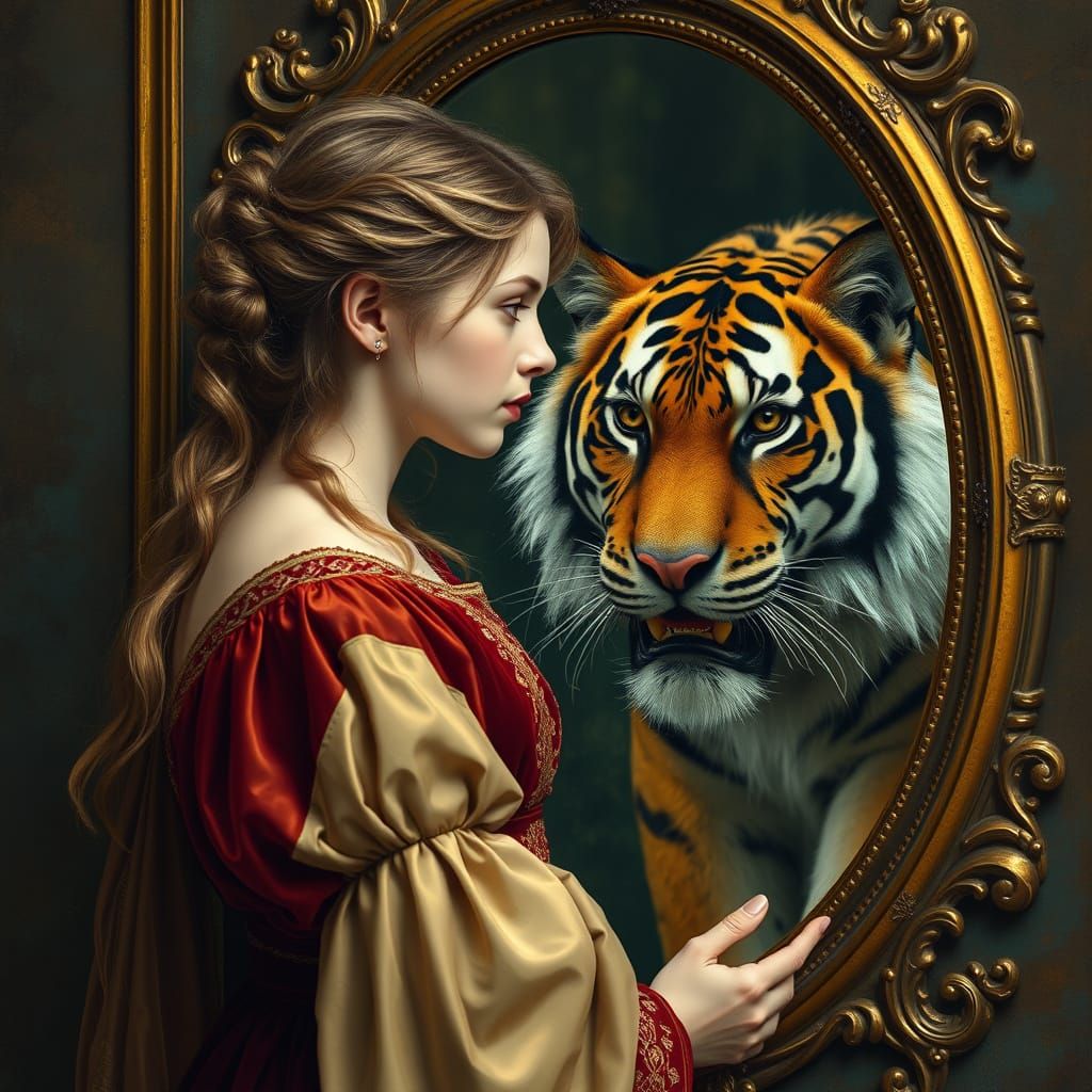 Enchanted Medieval Maiden Meets Fiery Tigress in Golden Port...