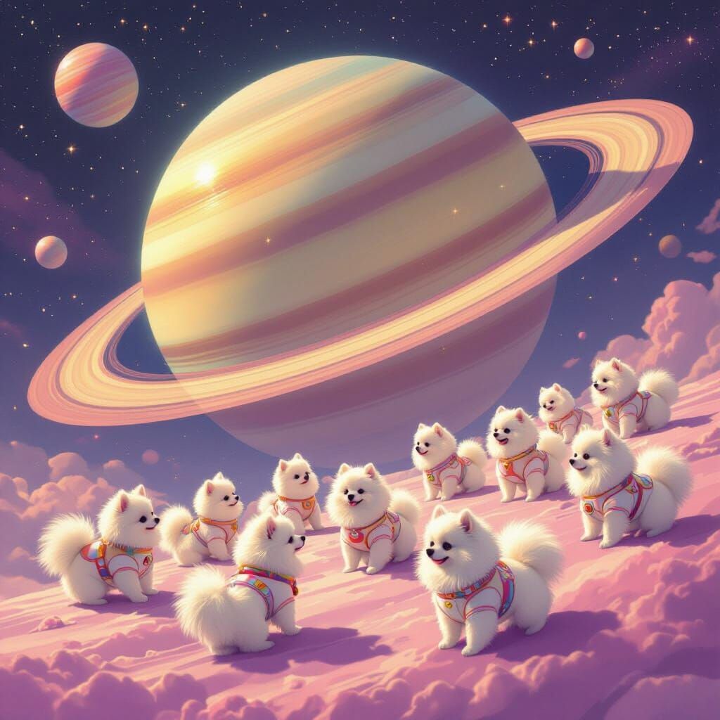 Pomeranians in Candy Space Suits Explore Saturns Rings
