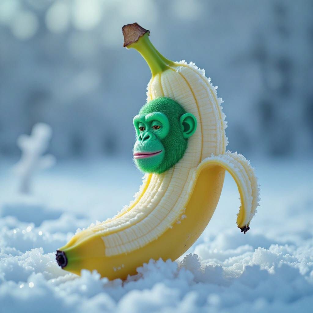 Banana with Chimp Head in Forest, Pop Surrealism Style