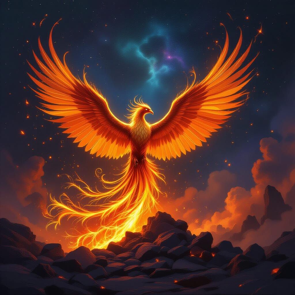 Majestic Phoenix of Molten Gold Rises From Celestial Forge