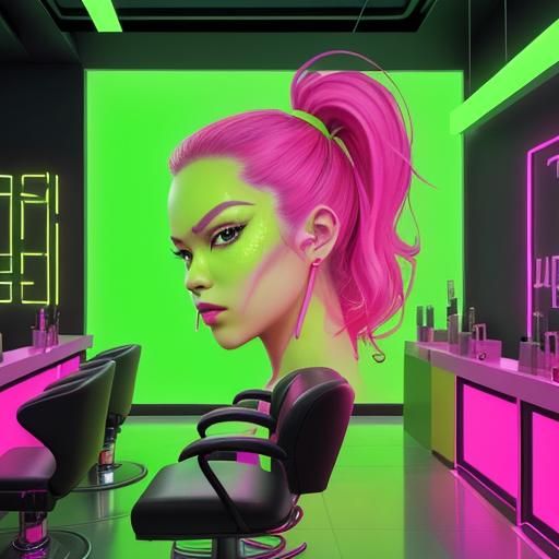 Lime Green Nail Salon with Neon Sign: Hyperrealistic