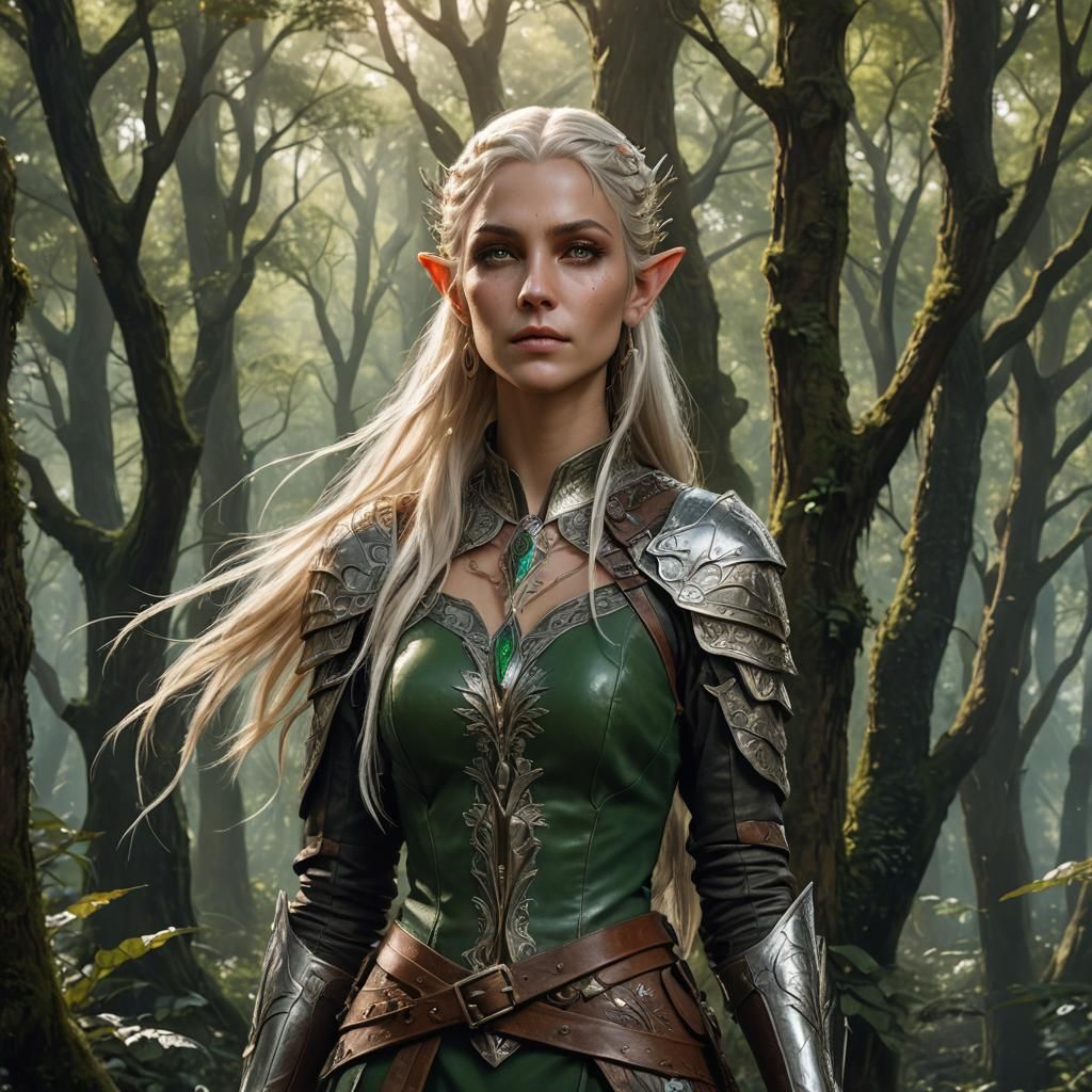 Elegant Elf Warrior in Forest, Fantasy Art
