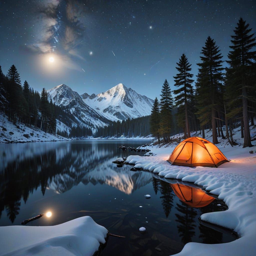 Magical Alpine Lake Scene at Night with Glowing Tent