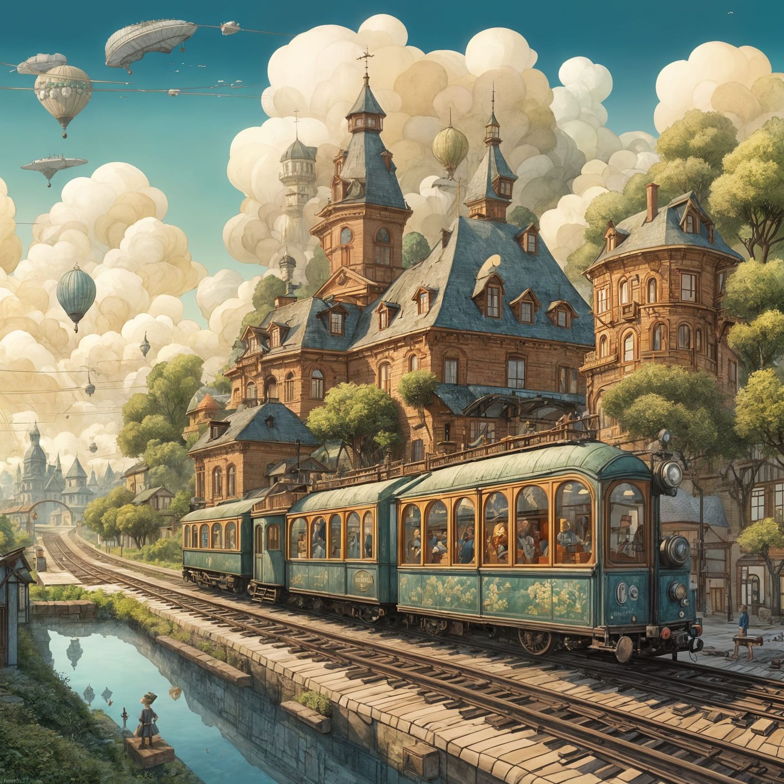 Floating Belle Epoque Train Station in Gouache Style