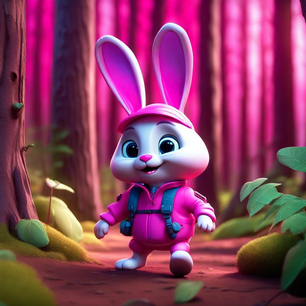 Pink Bunny Explorer in Cartoon Woods: 3D Digital Art
