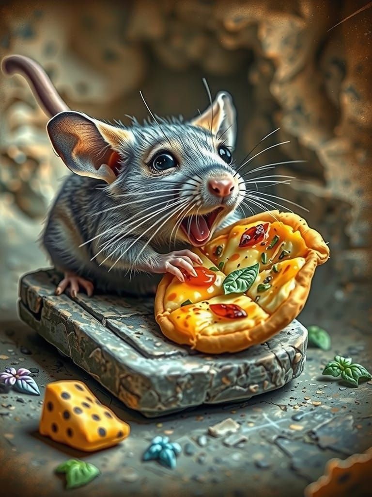 Charming Mouse Savoring Mini Pizza in Whimsical Scene