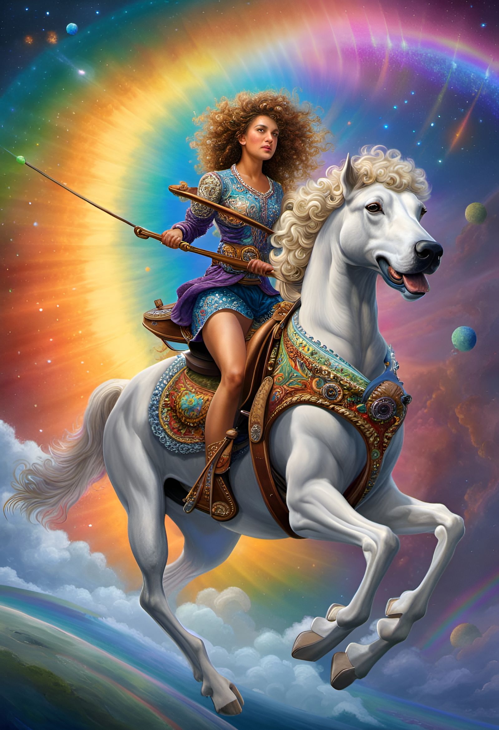 Girl Rides Great Dane Under Rainbow in Space