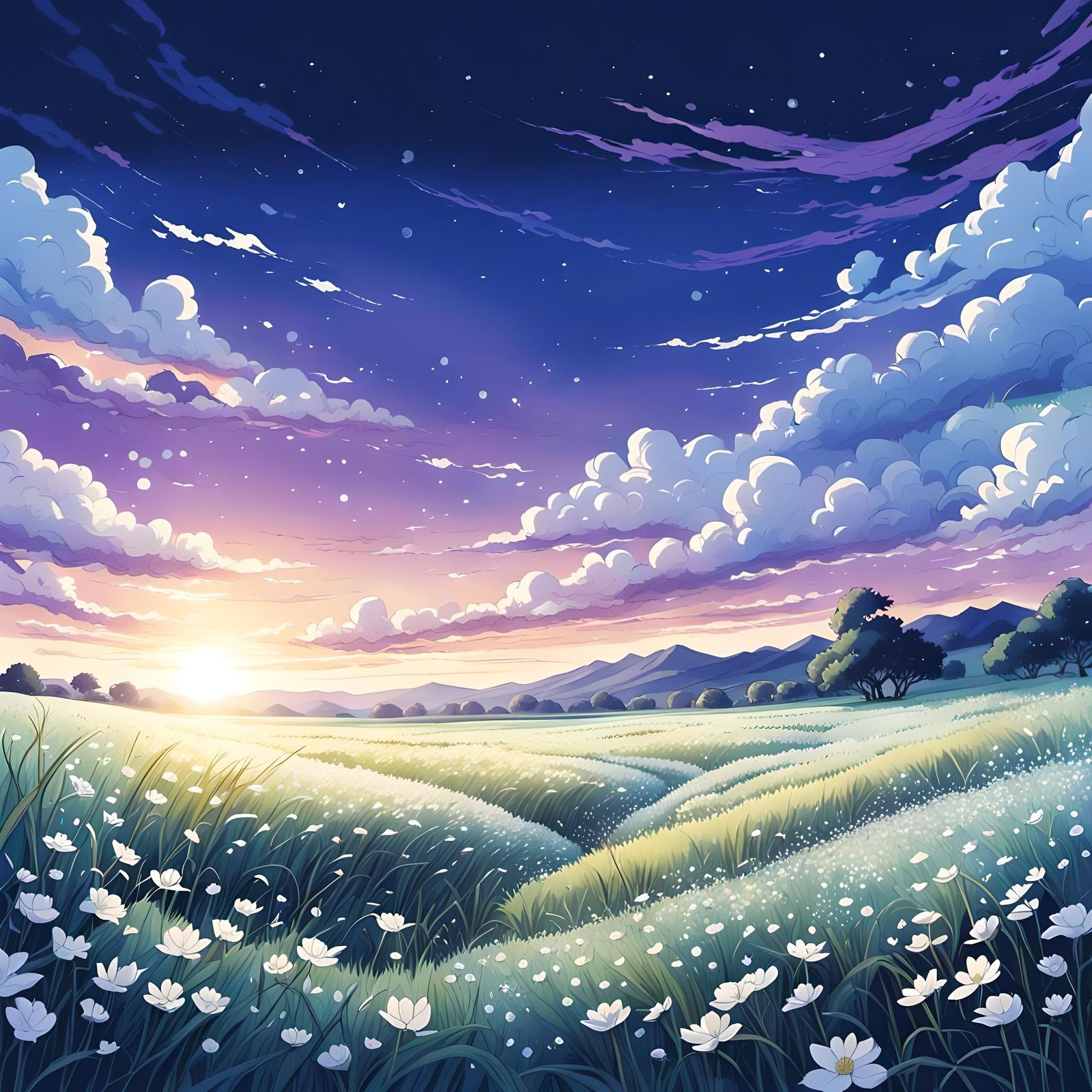 Nostalgic Sunrise Field in Anime Style