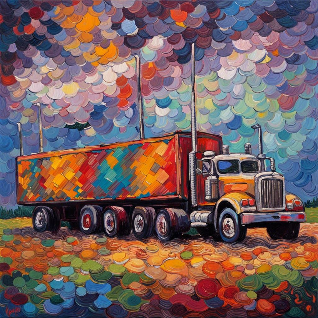 detailed truck stop, neo-impressionism expressionist style oil painting, smooth post-impressionist impasto acrylic paint...