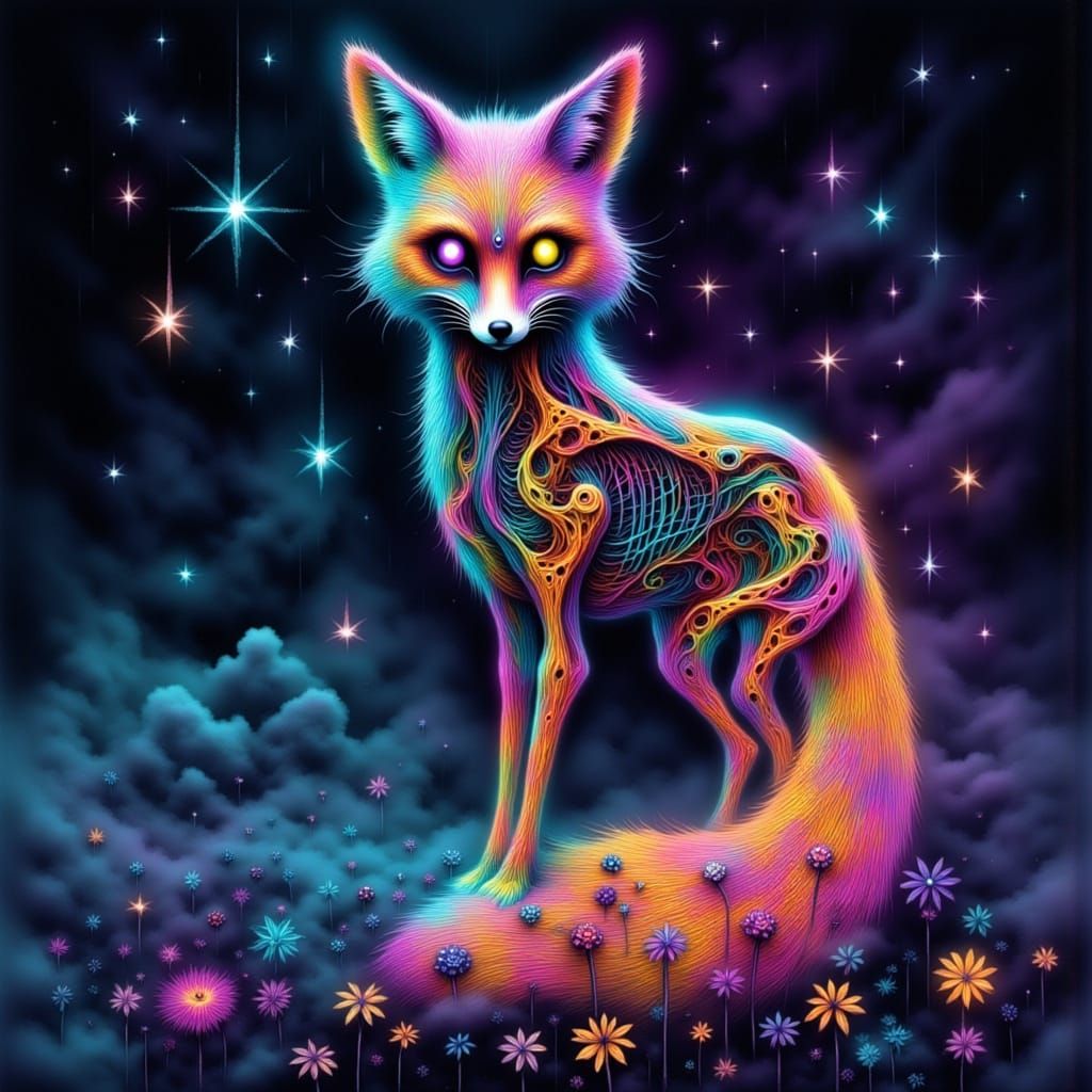 Neon Rainbow Fox Diorama in Graffiti Style